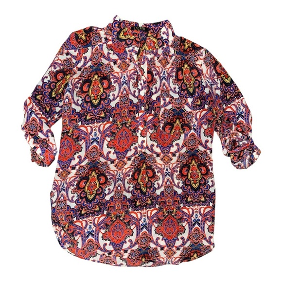 Red and Purple Graphic Button Down Blouse with Cuffed Sleeves - Picture 1 of 4